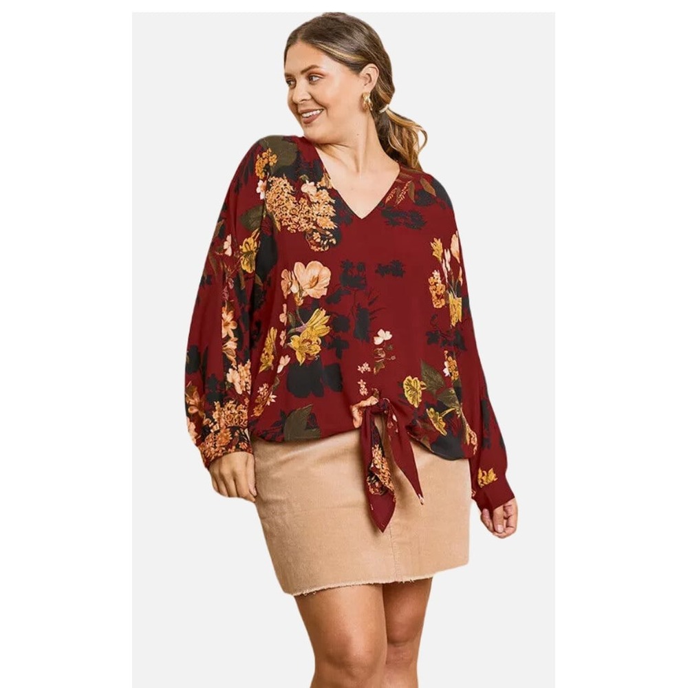 Floral Tie Front Blouse Burgundy Red Long Sleeve V Neck Top